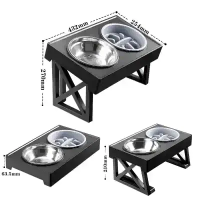 Stainless steel pet feeding station with dual bowls on a black wooden stand, perfect for cats and small dogs, durable and easy to clean.