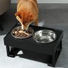 High-quality pet food feeder with dual stainless steel bowls, modern black design, suitable for dogs and cats, ideal for easy feeding and watering at Monalisa Store.