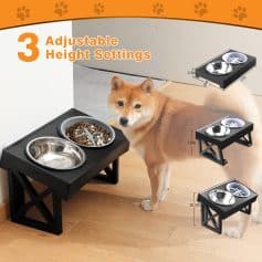 Adjustable height pet feeder stand, suitable for dogs and cats, with elevated bowls for easy feeding, featuring 3 different height settings for optimal comfort.