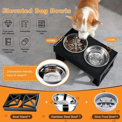 Elevated Dog Bowls made of food-grade ABS, dishwasher safe, with 600ML and 1200ML capacity, stainless steel construction, and dishwasher-friendly design for easy cleaning.