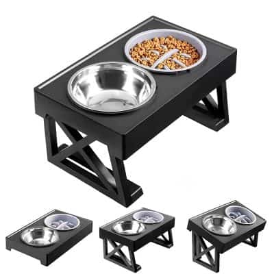 Stainless steel pet feeding station with dual bowls, raised black wooden stand for easy access. Ideal for feeding cats, dogs, or small animals with a modern design.