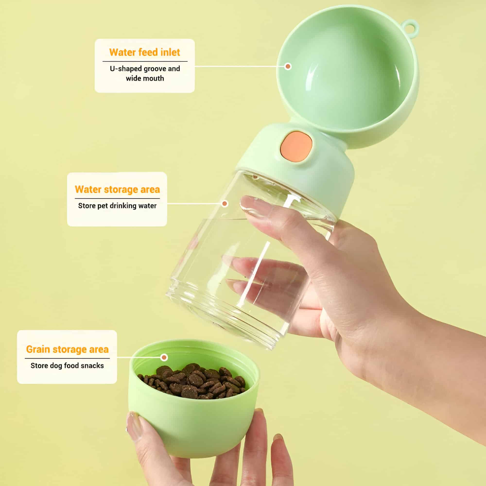 Water feeding and storage pet water dispenser with grain storage for dog food.