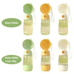 Portable water spray bottles with colorful caps, ideal for hydration on-the-go, featuring water capacity of 565ML and 400ML with food compartment, perfect for travel and outdoor activities.