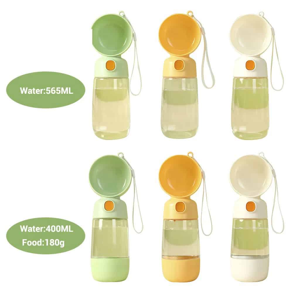 Portable water spray bottles with colorful caps, ideal for hydration on-the-go, featuring water capacity of 565ML and 400ML with food compartment, perfect for travel and outdoor activities.