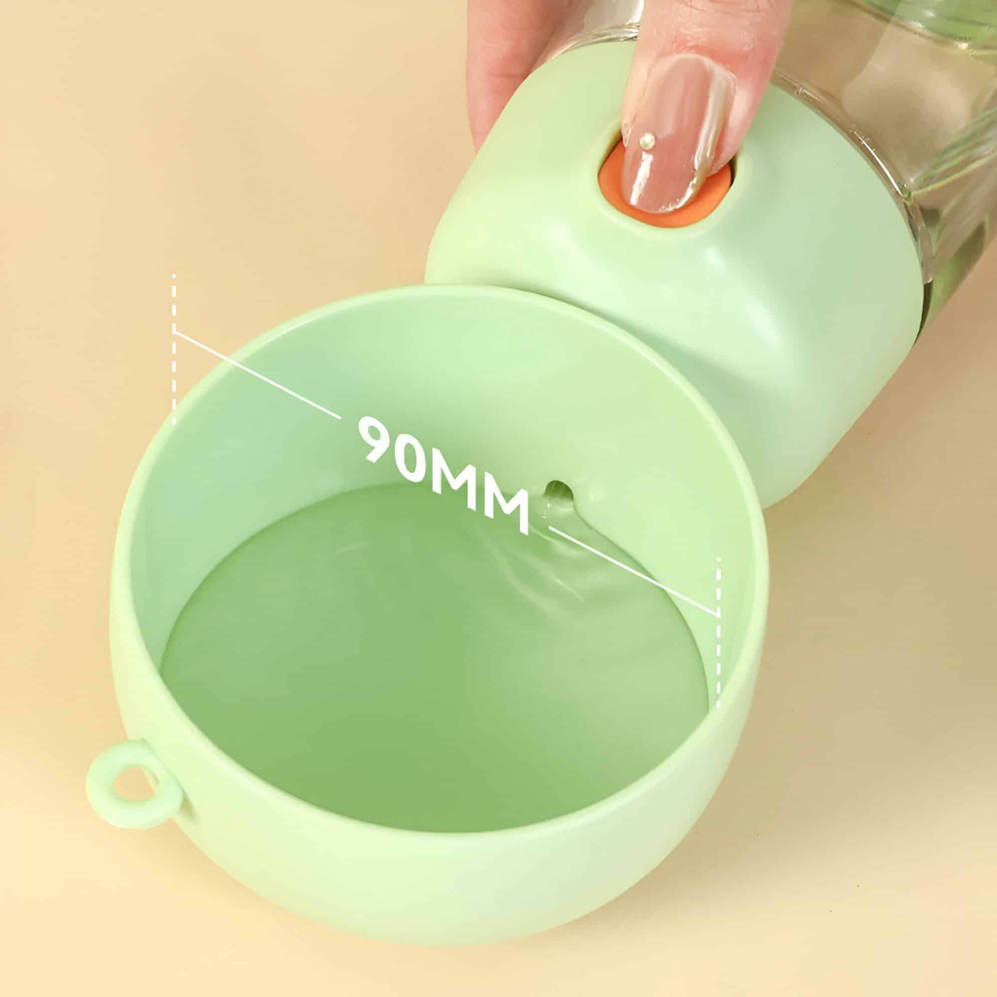 Nail polish remover bottle pouring into a green circular container, demonstrating precise application with a 90mm diameter for skincare or cosmetic purposes.