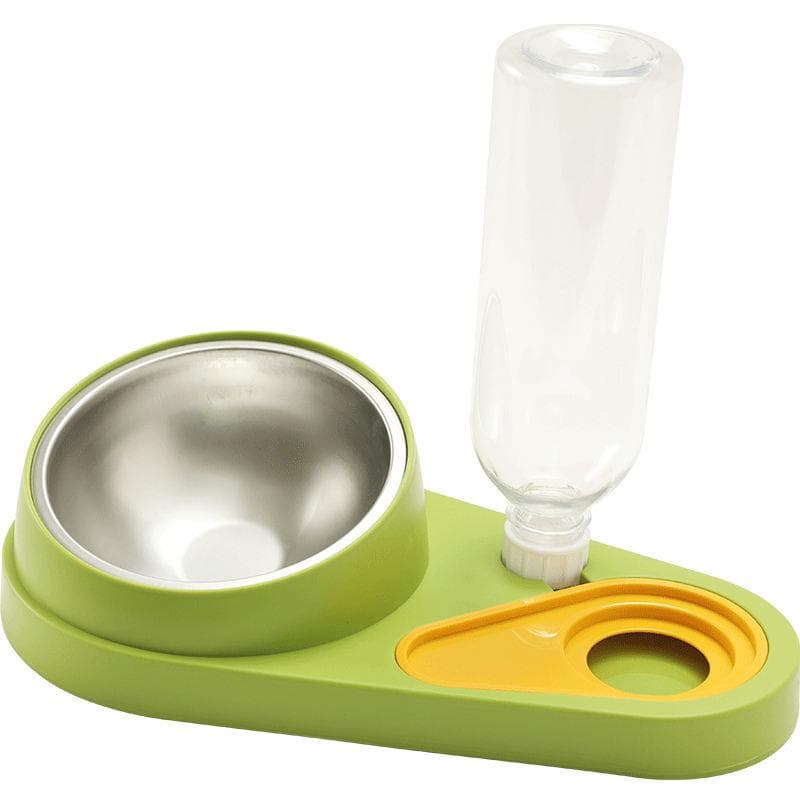 Stainless steel pet feeding bowl with attached water bottle and storage compartment, eco-friendly design for cats and dogs. Perfect for on-the-go pet hydration and feeding needs.