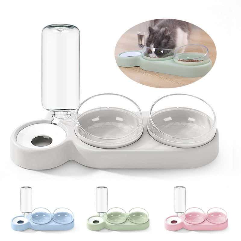 Silicone cat water fountain pet water dispenser automatic feline drinking fountain portable pet water bowl cat feeder with water reservoir and dual drinking bowls for cats and small animals.