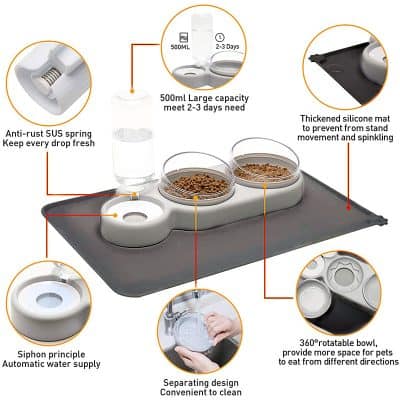 Anti-rust SUS spring keeps pet food fresh, with 500ml large capacity containers, silicone mat to prevent movement, 360° rotatable bowls, and easy cleaning, ideal for pet owners seeking durable, hygienic feeding solutions.