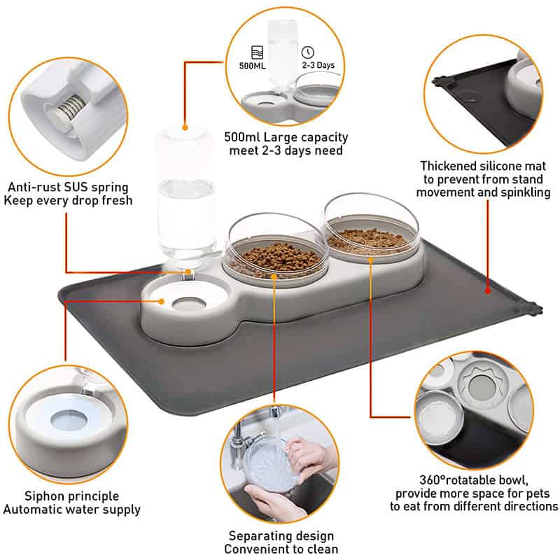 Anti-rust SUS spring keeps pet food fresh, with 500ml large capacity containers, silicone mat to prevent movement, 360° rotatable bowls, and easy cleaning, ideal for pet owners seeking durable, hygienic feeding solutions.
