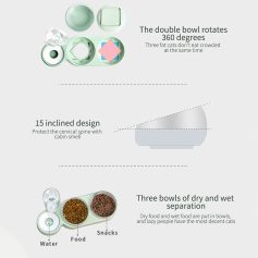 Elegant eco-friendly dishware set with rotating double bowls, inclined design for neck protection, and separate bowls for dry and wet food, ideal for pet feeding.