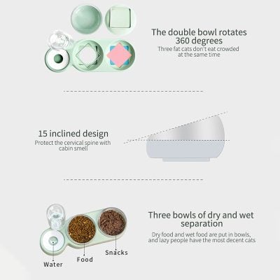 Elegant eco-friendly dishware set with rotating double bowls, inclined design for neck protection, and separate bowls for dry and wet food, ideal for pet feeding.