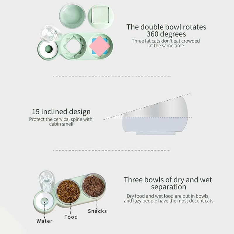 Elegant eco-friendly dishware set with rotating double bowls, inclined design for neck protection, and separate bowls for dry and wet food, ideal for pet feeding.