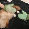 Caring for a cat with pet grooming gloves grooming pet hand mitts for hair removal green color.