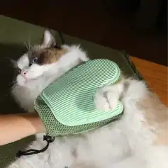 Soft pet grooming glove for cats, gentle massage, and fur removal, ideal for grooming cats at home. Suitable for relaxing pets and maintaining a clean coat.