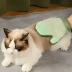 Fluffy cat with a green cooling gel patch on its back for soothing and relief, lying on a gray blanket in a cozy indoor setting.