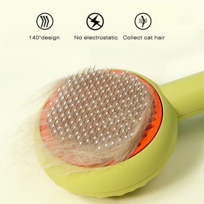 Light green pet grooming brush with 140° design, gentle for cats, collection of cat hair, no electrostatic, easy to clean, ideal for pet hair removal and grooming.
