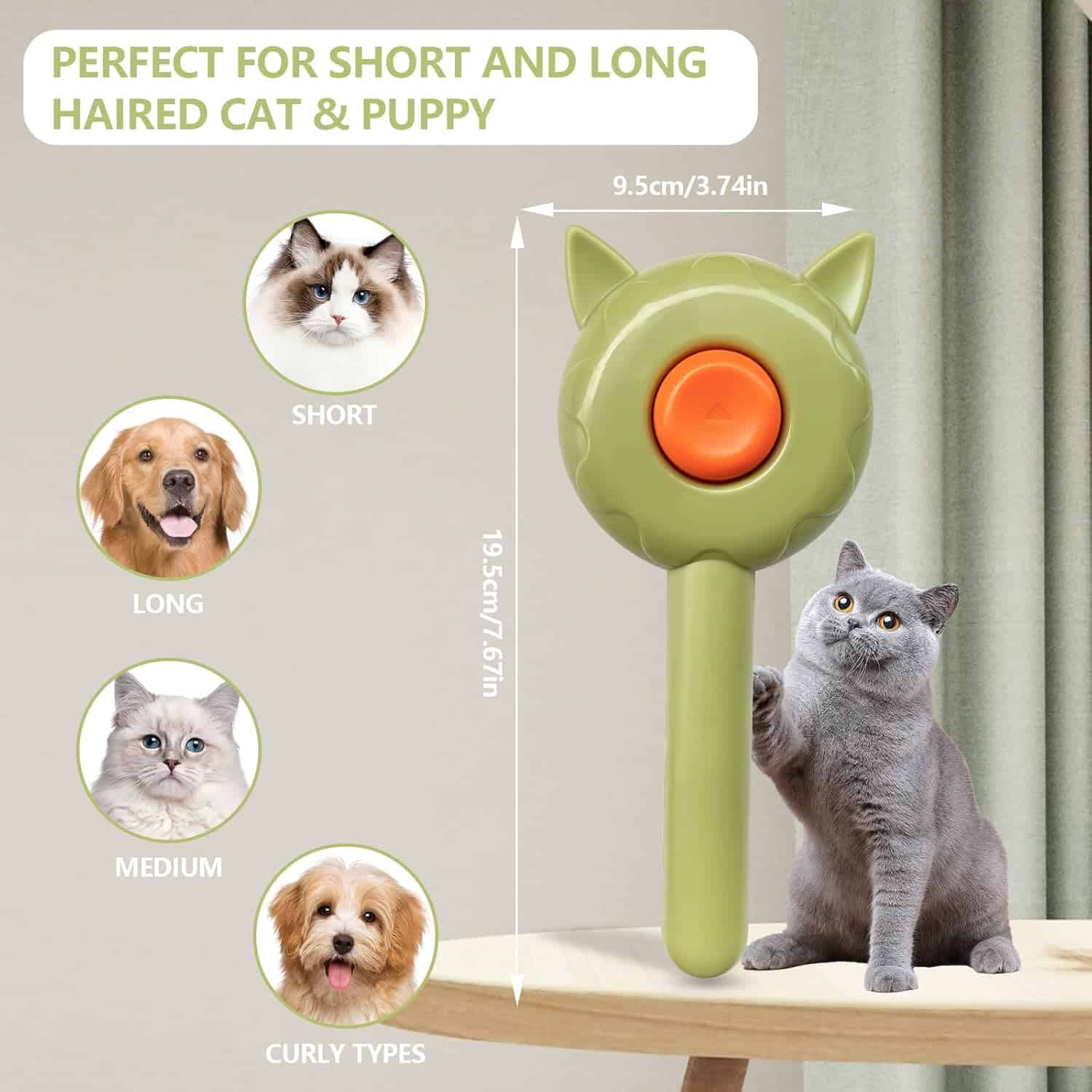 Colorful pet grooming brush designed for short and long-haired cats and puppies, measuring 19.5 cm in height, with a cat-ear shape and ergonomic handle, suitable for all curly and straight coat types.