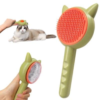 Hypoallergenic cat grooming brush with silicone bristles, gentle pet hair remover, and cleaning tool, designed for effective pet grooming and shedding control.