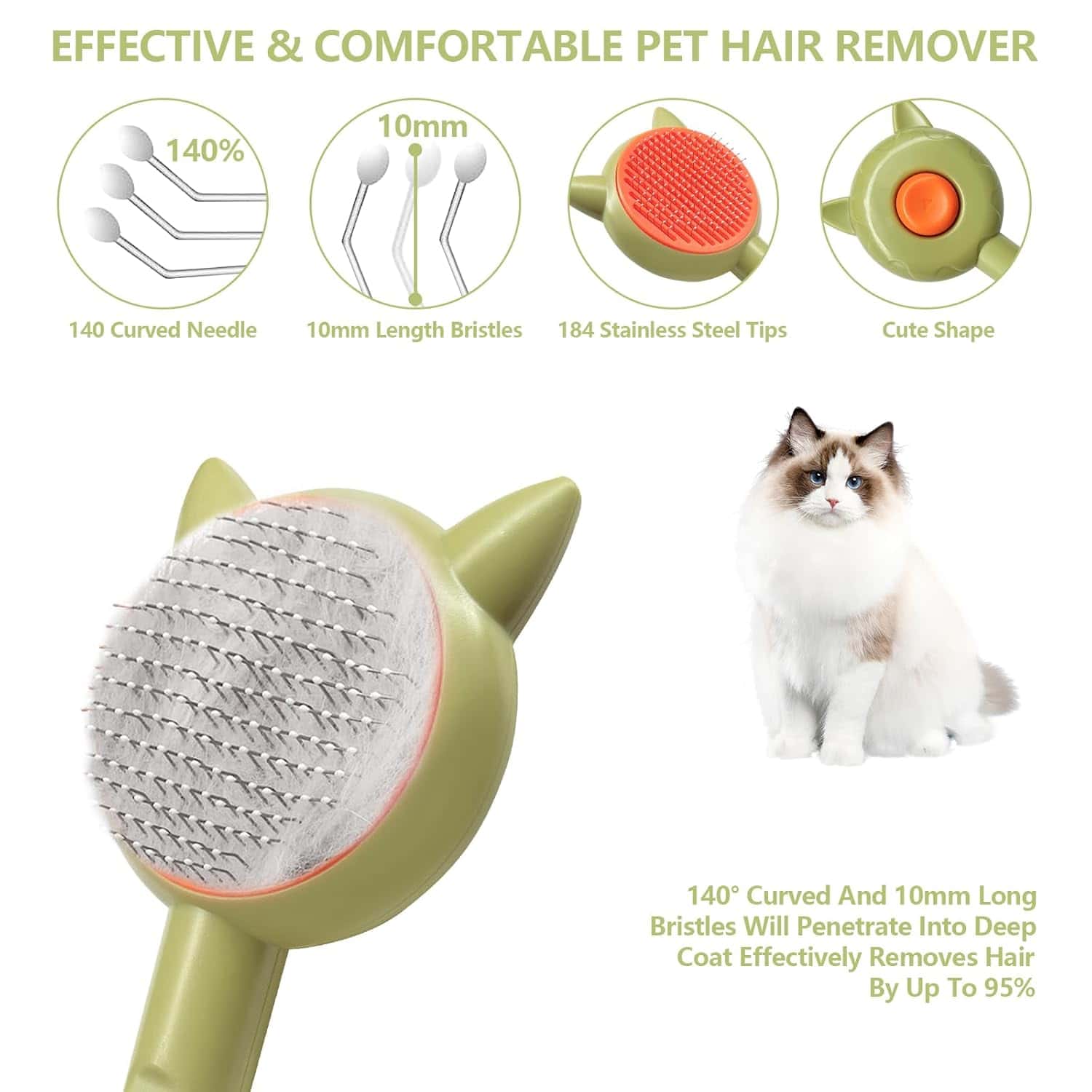 Set of pet hair removal brush with green handle, stainless steel tips, and curved design for effective hair removal, suitable for cats and pets, promoting easy grooming and shedding management, featured on Monalisa Medical website.