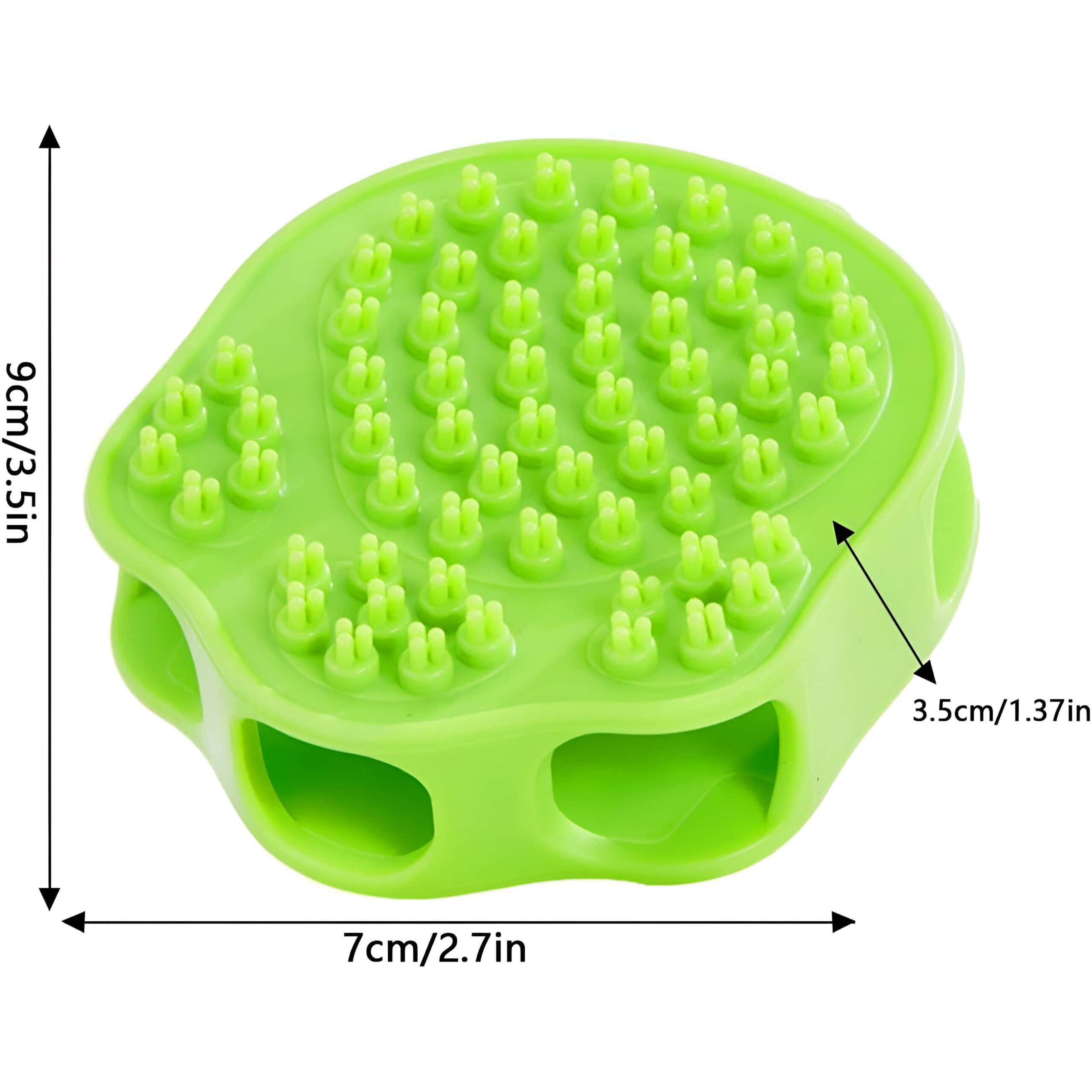 Flexible green silicone massage scrubber for scalp and head hygiene, with multiple bristles for hair care, suitable for cleaning, scalp massage, and hair growth stimulation.
