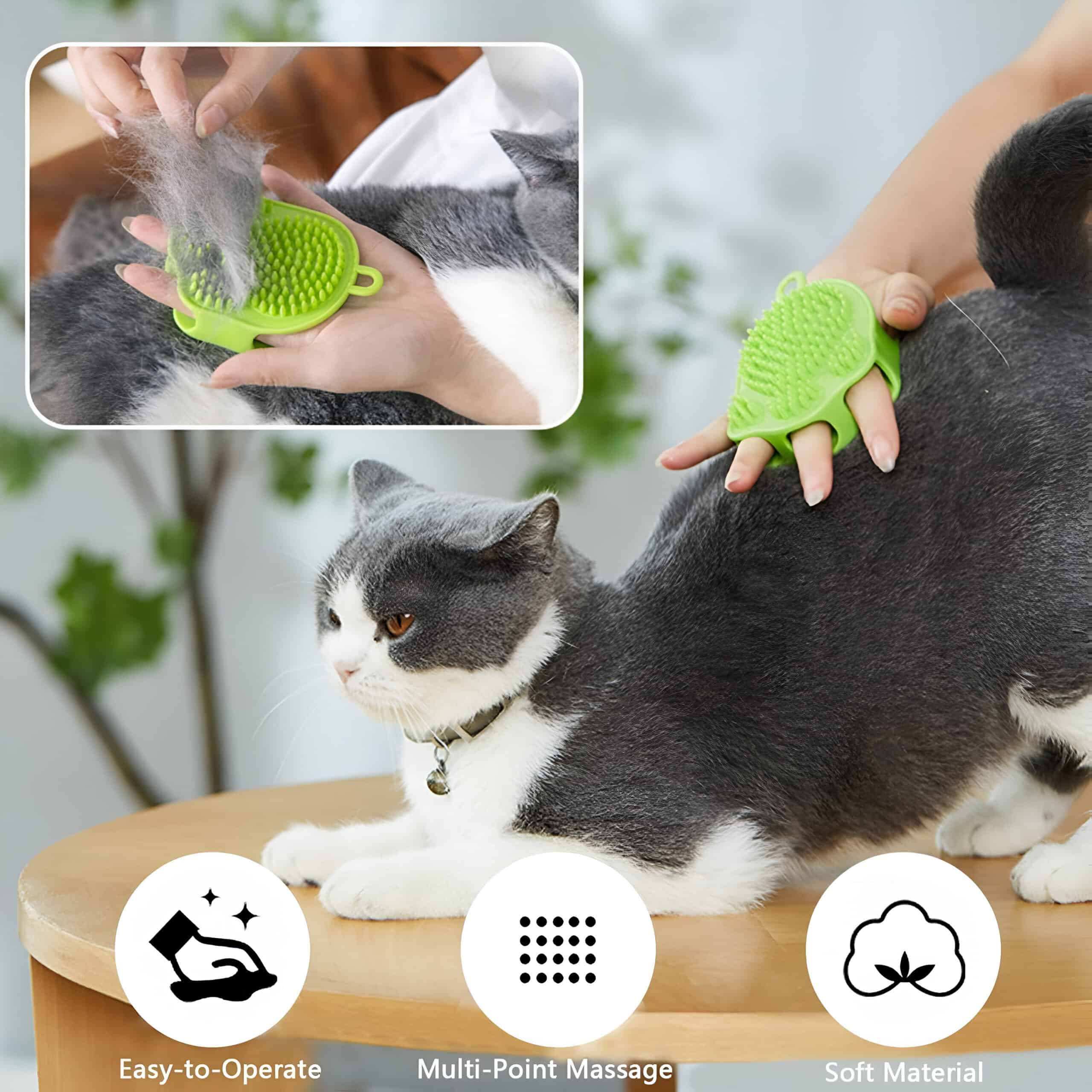Feline massage brush for pet grooming, featuring multi-point massage and soft silicone material, helps reduce shedding and fur tangles, ensuring a relaxing grooming experience for cats.