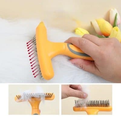 Soft-bristle pet grooming brush with foam for gentle cleaning and detangling, ideal for removing loose fur and dirt during pet grooming.