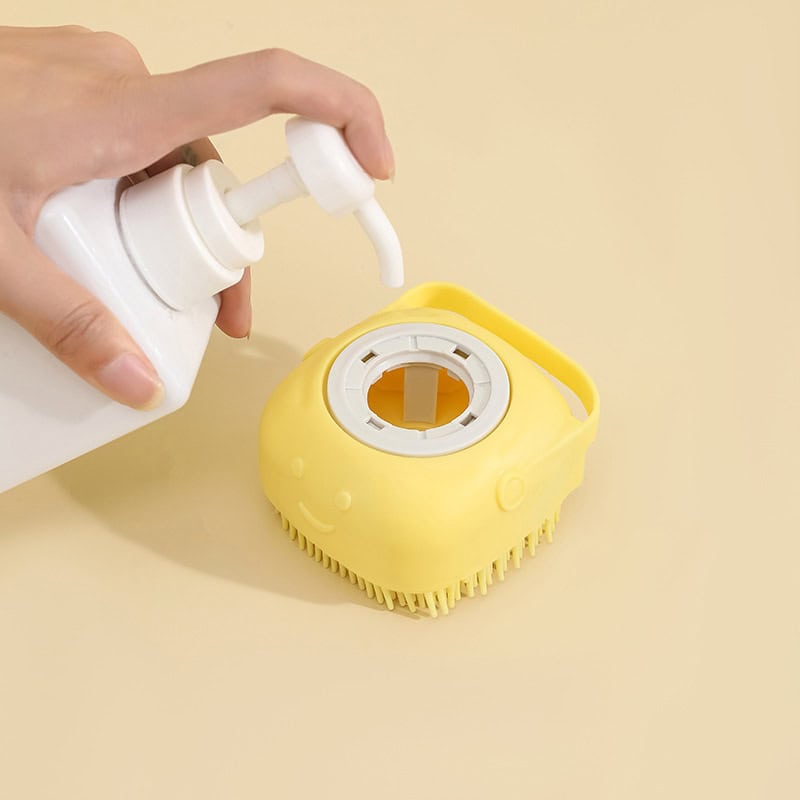 Disinfectant spray being used on a yellow baby bottle sterilizer with a cleaning brush for optimal hygiene.
