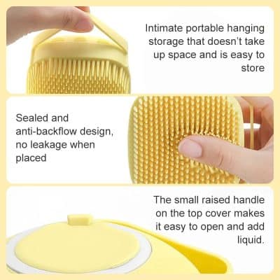 Durable yellow portable hanging storage container for organizing liquids with anti-backflow sealed design and easy-to-open handle.