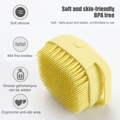 Soft and skin-friendly BPA free silicone scalp massager with 494 fine bristles, ergonomic anti-slip design, suitable for shower gel or shampoo, gentle and comfortable for scalp care.