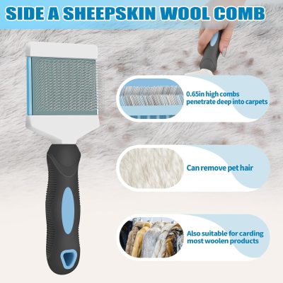 0. alt text only (max 200 characters): Sheepskin wool comb with 0.65-inch high metal teeth, ideal for removing pet hair and carding woolen products, featuring ergonomic grip design.