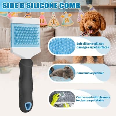 Silicone pet hair remover brush with soft silicone bristles, ideal for cleaning pet hair and carpet stains without damaging surfaces, suitable for home cleaning.