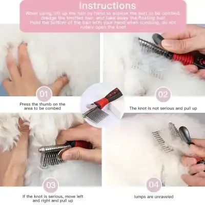 Detangling pet hair with brush and comb, step-by-step instructions for removing knots, using a hair detangling tool for pets, grooming tips for furry animals, Monalisa Store pet grooming supplies.