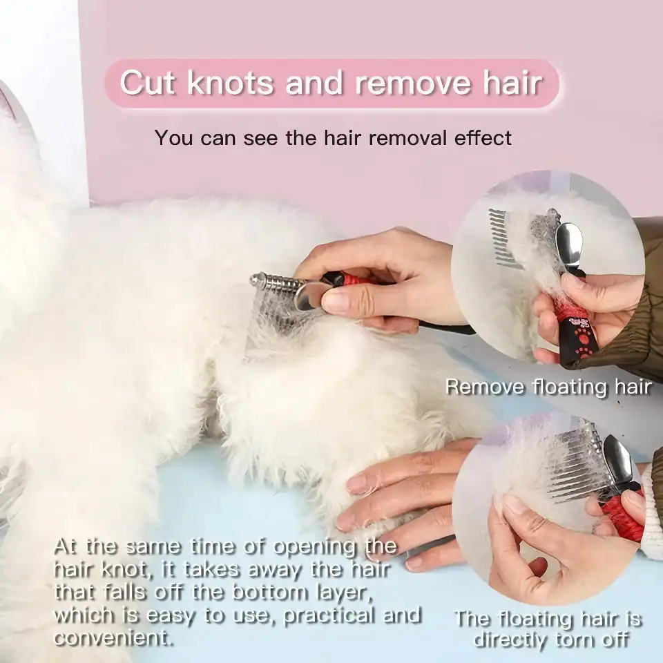 Removing floating dog hair with pet grooming tool, professional pet hair removal at Monalisa Store.