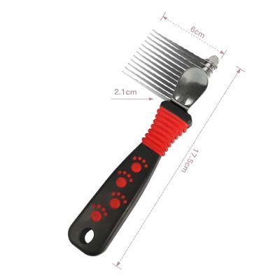 Stainless steel pet grooming brush with ergonomic handle and adjustable settings, perfect for effective grooming and deshedding pets.