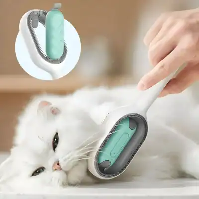 Gentle pet grooming tool for cats with a modern, ergonomic design and self-cleaning feature. Ideal for removing loose fur and maintaining a healthy coat in a comfortable, stress-free way.
