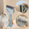 Curved stainless steel pet grooming rake for cats with a blue ergonomic handle, perfect for removing loose fur and reducing shedding.