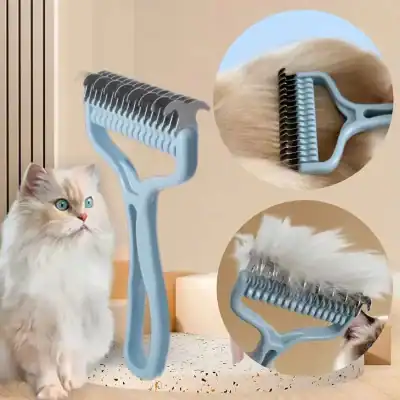 Curved stainless steel pet grooming rake for cats with a blue ergonomic handle, perfect for removing loose fur and reducing shedding.