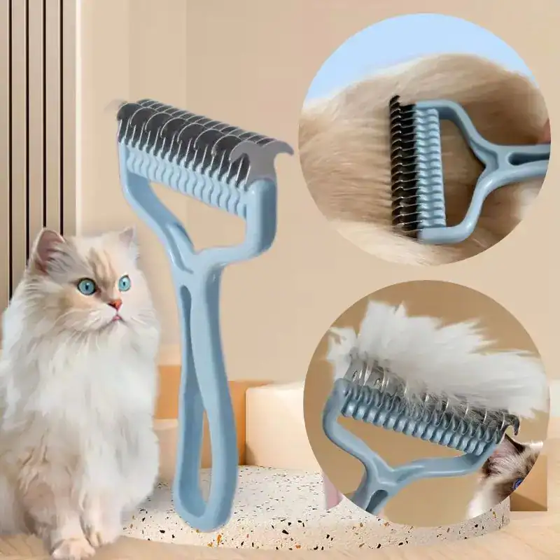 Curved stainless steel pet grooming rake for cats with a blue ergonomic handle, perfect for removing loose fur and reducing shedding.