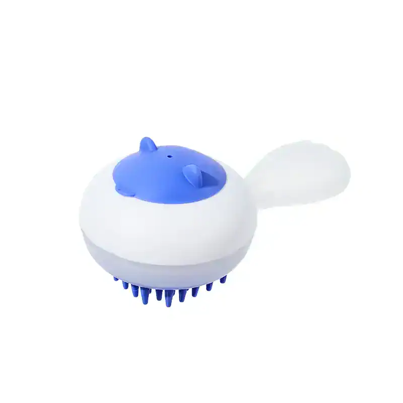 Blue and white silicone scalp massager with soft bristles and bunny ear design for hair scalp relaxation and scalp care.