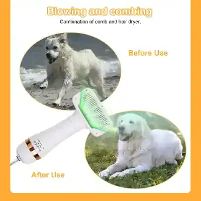 Blow-drying pet grooming comb for dogs, pet hair dryer, professional pet grooming tool, dog deshedding brush, pet hair removal tool, Monalisa medical pet grooming solution.