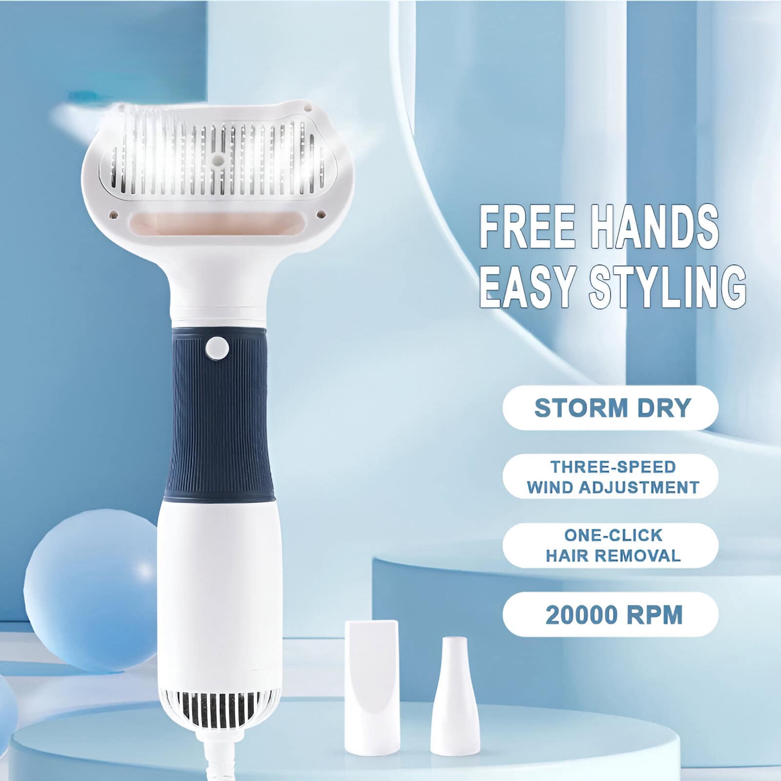 Portable hair removal device for at-home use, storm dry, three-speed wind adjustment, one-click hair removal, 20000 RPM, featuring easy styling with free hands, ideal for men and women.