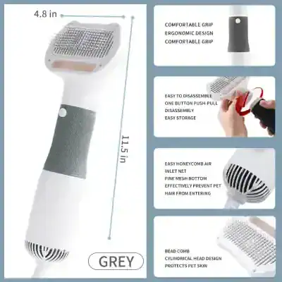 Removal device for pet hair with ergonomic grip, easy disassembly and storage, honeycomb air inlet net, and cylindrical bead comb head design for effective pet hair removal.