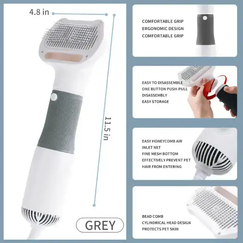 Removal device for pet hair with ergonomic grip, easy disassembly and storage, honeycomb air inlet net, and cylindrical bead comb head design for effective pet hair removal.