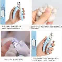 Nail clipper safety tool with pet paw pad and LED light for precise nail trimming and pet foot care. Ideal for quick, safe, and hygienic nail grooming of pets at home or in professional settings.
