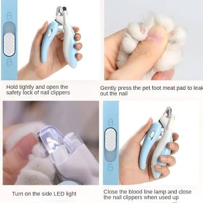 Nail clipper safety tool with pet paw pad and LED light for precise nail trimming and pet foot care. Ideal for quick, safe, and hygienic nail grooming of pets at home or in professional settings.