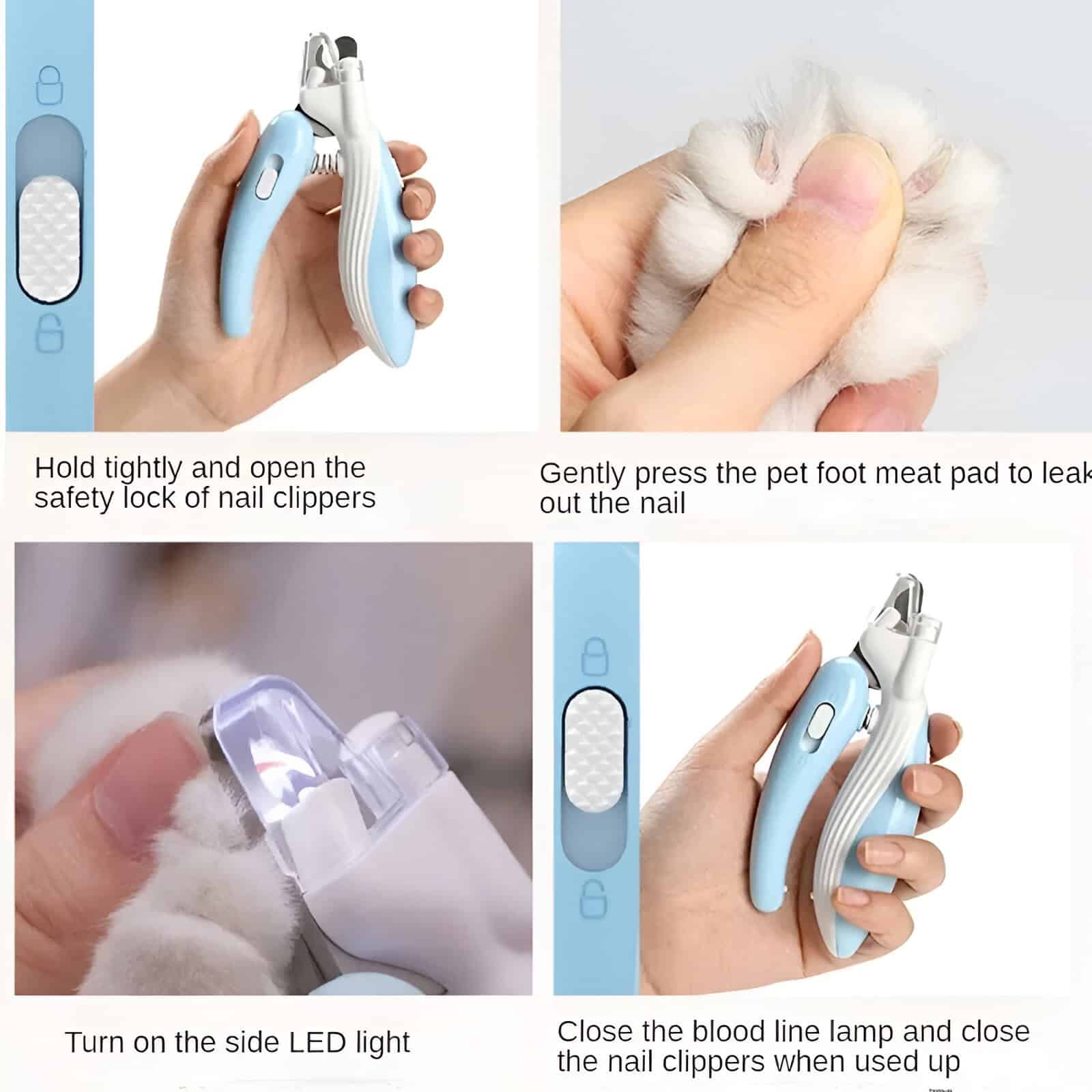 Nail clipper safety tool with pet paw pad and LED light for precise nail trimming and pet foot care. Ideal for quick, safe, and hygienic nail grooming of pets at home or in professional settings.