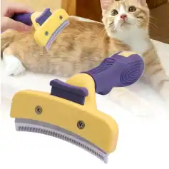 Gentle cat grooming brush with rubber bristles for pet hair care and shedding control.