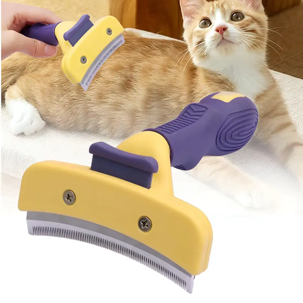 Gentle cat grooming brush with rubber bristles for pet hair care and shedding control.