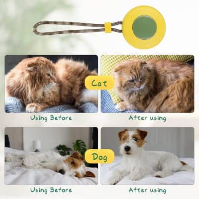 Yellow pet locator keychain for cats and dogs, with before-and-after images showing improved pet visibility, suitable for pet owners seeking effective pet tracking devices.