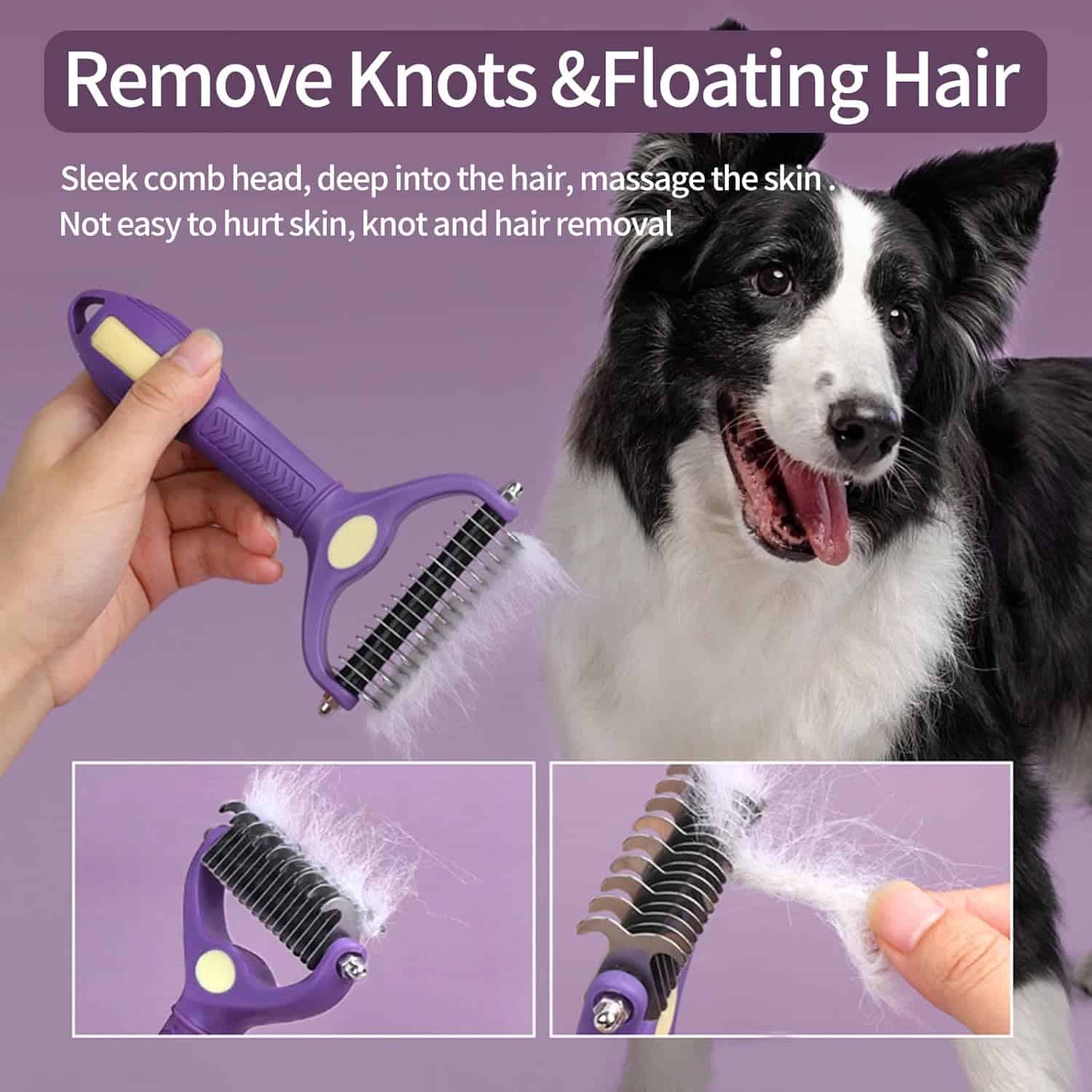 Remove knots and floating hair grooming tool for dogs, featuring a sleek comb head that massages the skin, gentle and easy to use for removing hair and knots without hurting the pet.